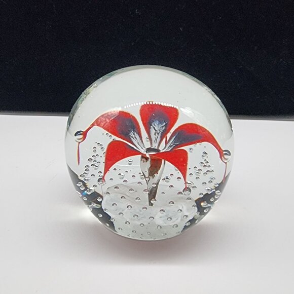 Glass Flower Floral Paperweight Red White Blue Bubbles VTG Wheaton Village 2.5" - Picture 6 of 8